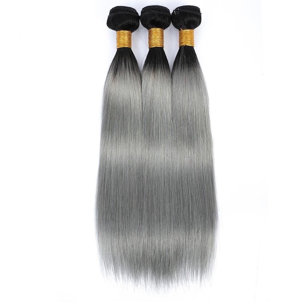 Gray 10A Grade Silver #1B/ Silver Straight 3/4 BUNDLES with CLOSURES & - GlamAura