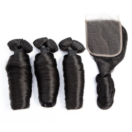 10A Grade 3/4 Straight Bouncy Curl Fumi Human Hair bundles with 4x4 Cl - GlamAura