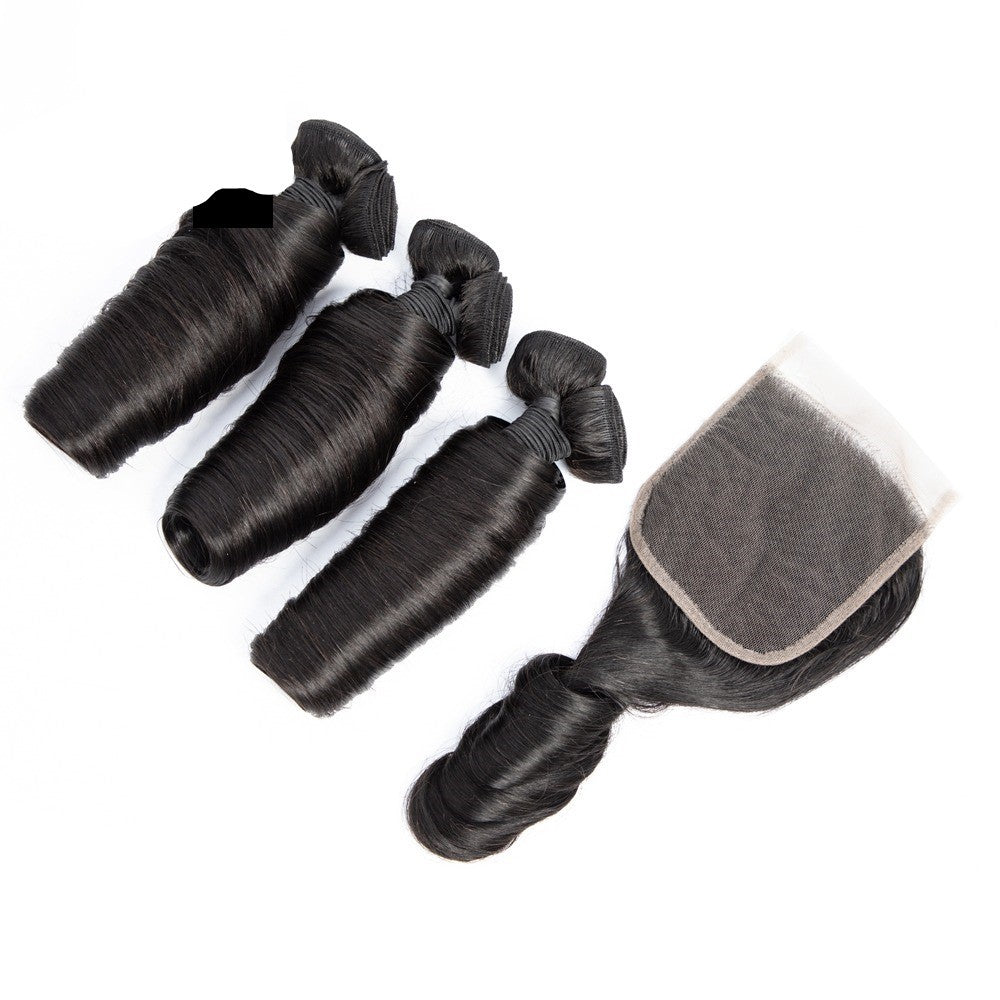 10A Grade 3/4 Straight Bouncy Curl Fumi Human Hair bundles with 4x4 Cl - GlamAura