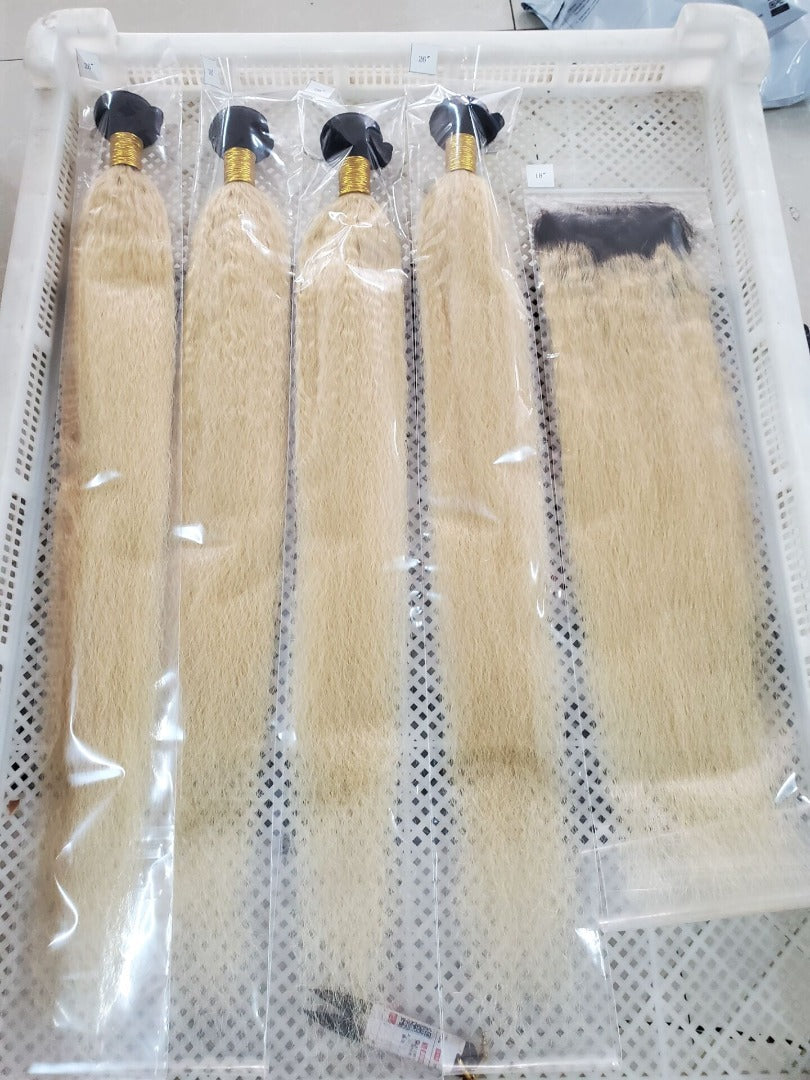 #1B/613 Kinky Straight 3/4 BUNDLES with CLOSURES & FRONTALS #613 Bundl - GlamAura