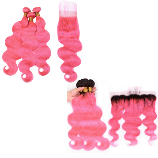 #Pink 10A Grade #1B/Pink Brazilian Body Wave 3/4 BUNDLES with CLOSURES - GlamAura