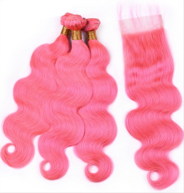 #Pink 10A Grade #1B/Pink Brazilian Body Wave 3/4 BUNDLES with CLOSURES - GlamAura