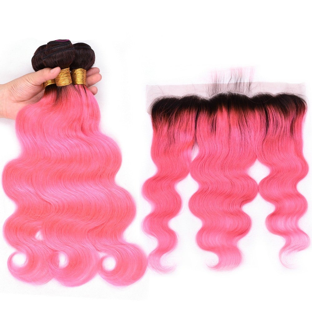 #Pink 10A Grade #1B/Pink Brazilian Body Wave 3/4 BUNDLES with CLOSURES - GlamAura