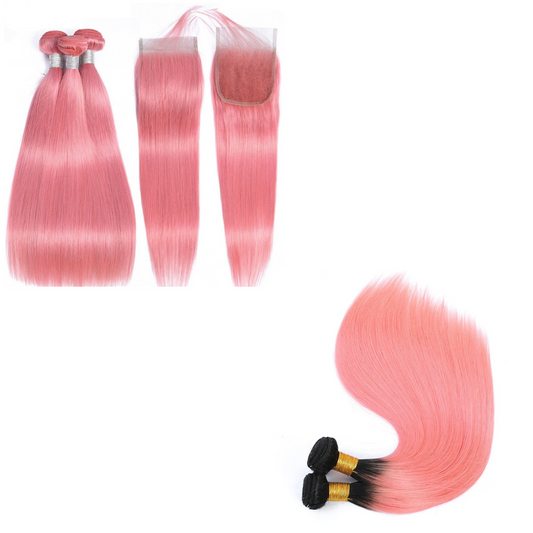 #Pink 10A Grade #1B/Pink Straight 3/4 BUNDLES with CLOSURES & FRONTALS - GlamAura