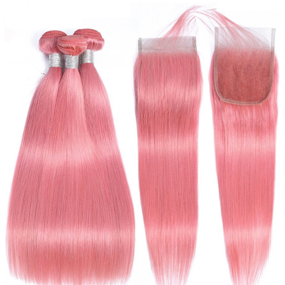 #Pink 10A Grade #1B/Pink Straight 3/4 BUNDLES with CLOSURES & FRONTALS - GlamAura