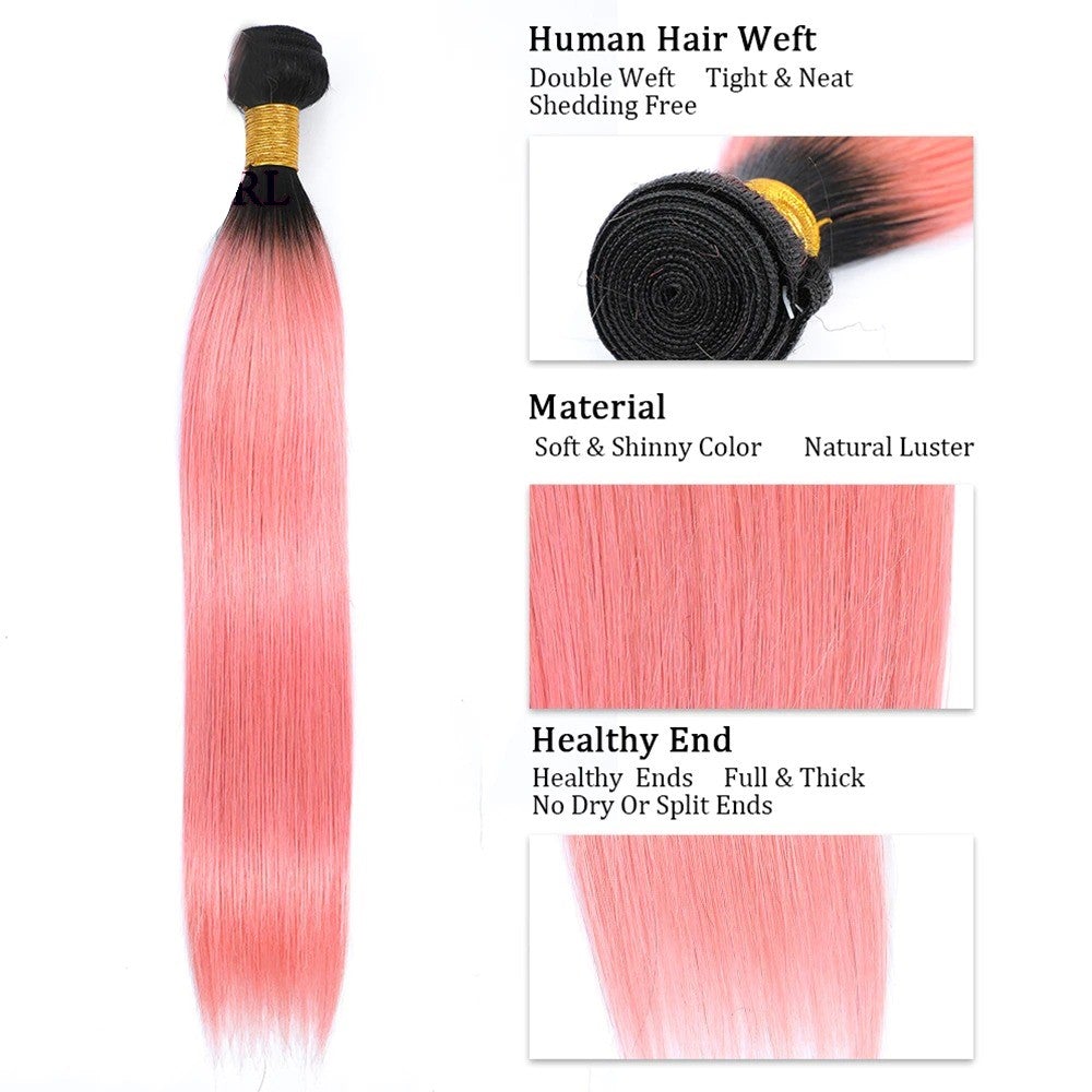 #Pink 10A Grade #1B/Pink Straight 3/4 BUNDLES with CLOSURES & FRONTALS - GlamAura