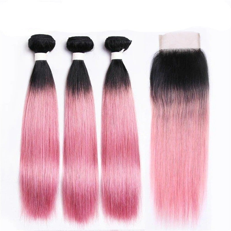 #Pink 10A Grade #1B/Pink Straight 3/4 BUNDLES with CLOSURES & FRONTALS - GlamAura