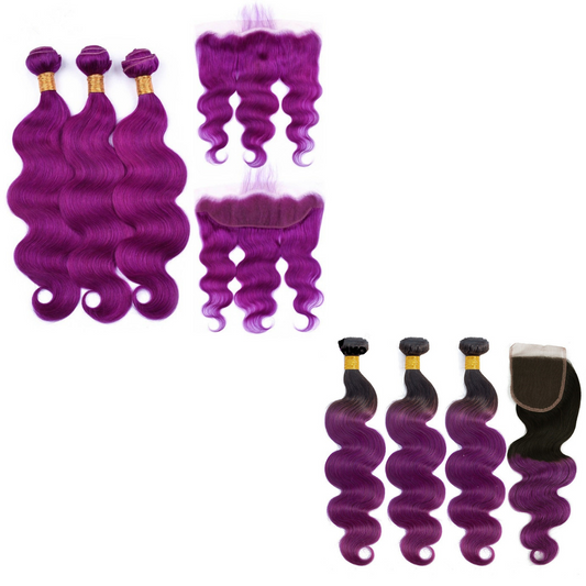 Body Wave 10A Grade Purples #1B/ purple 3/4 BUNDLES with CLOSURES & FR - GlamAura