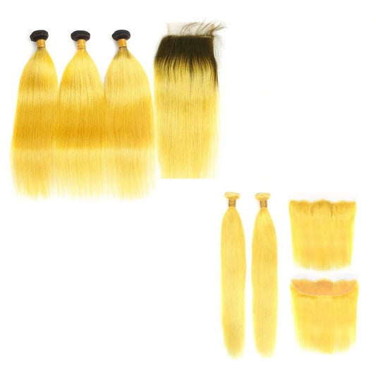 #Yellow 10A Grade #1B/Yellow Straight 3/4 BUNDLES with CLOSURES & FRON - GlamAura