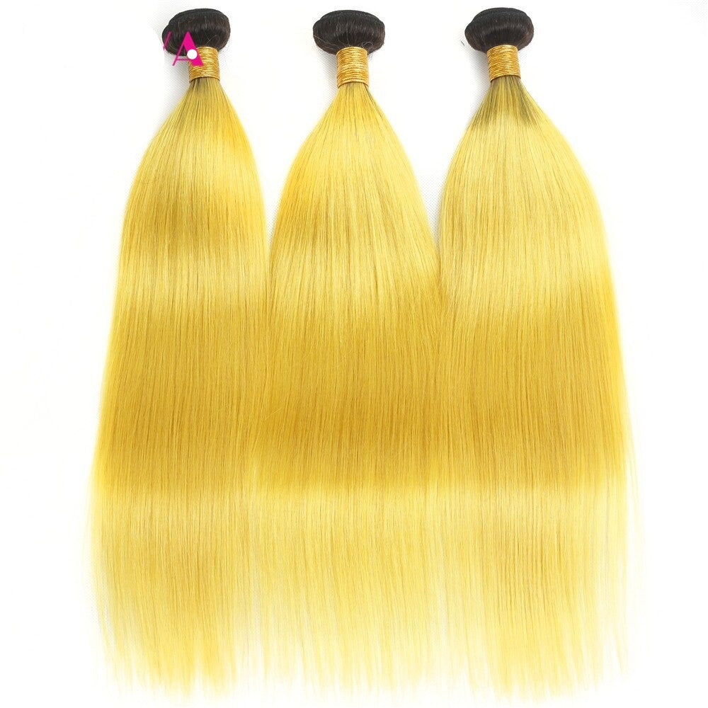#Yellow 10A Grade #1B/Yellow Straight 3/4 BUNDLES with CLOSURES & FRON - GlamAura