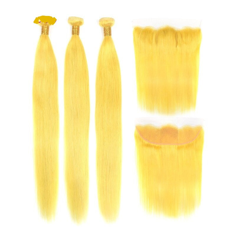 #Yellow 10A Grade #1B/Yellow Straight 3/4 BUNDLES with CLOSURES & FRON - GlamAura