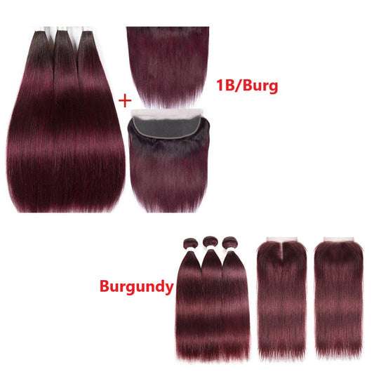 10A Grade #99j Straight Hair #1B/99J BUNDLES with 4x4 CLOSURES & FRONT - GlamAura