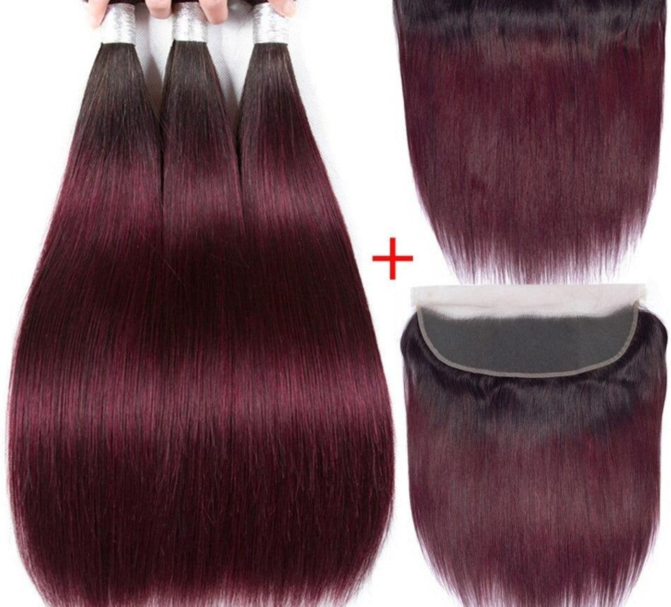 10A Grade #99j Straight Hair #1B/99J BUNDLES with 4x4 CLOSURES & FRONT - GlamAura