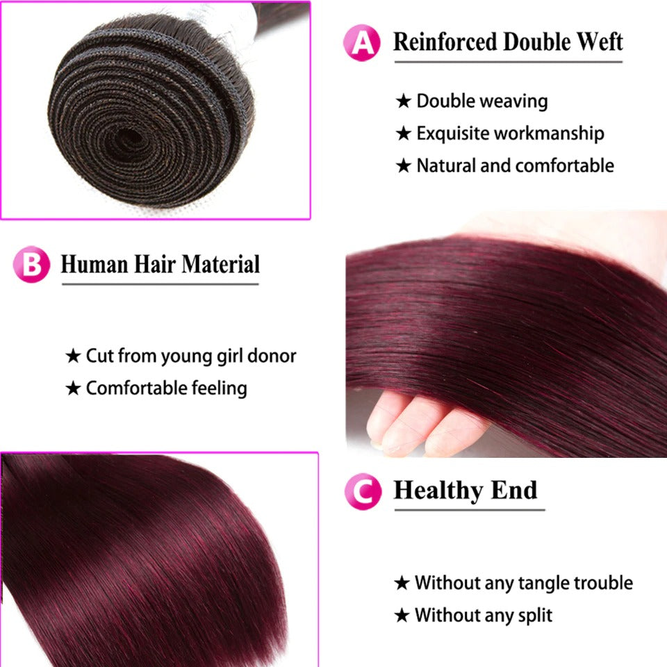 10A Grade #99j Straight Hair #1B/99J BUNDLES with 4x4 CLOSURES & FRONT - GlamAura