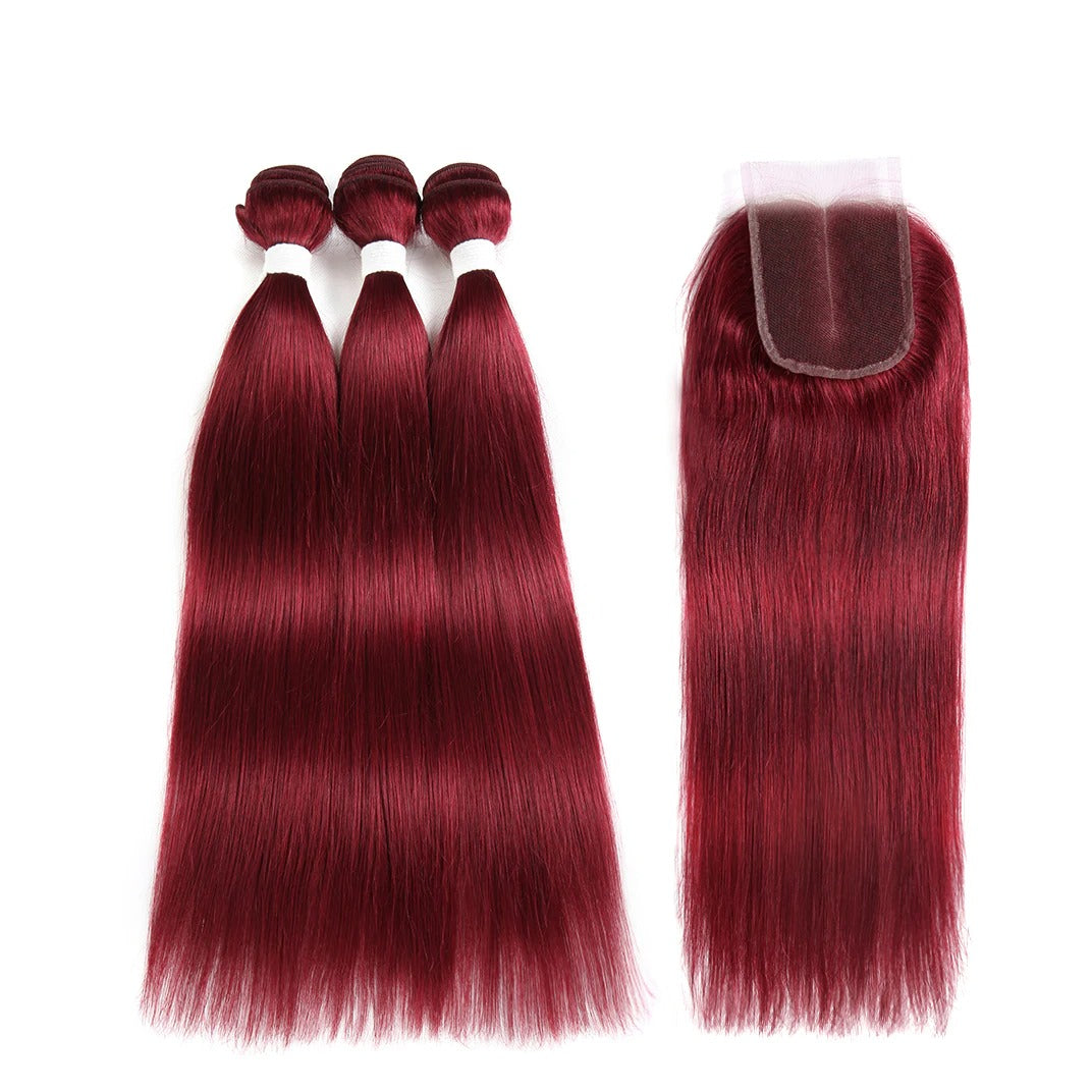 Burgundy 10A Grade 3/4 Straight #1B/Burgundy BUNDLES with CLOSURES & F - GlamAura
