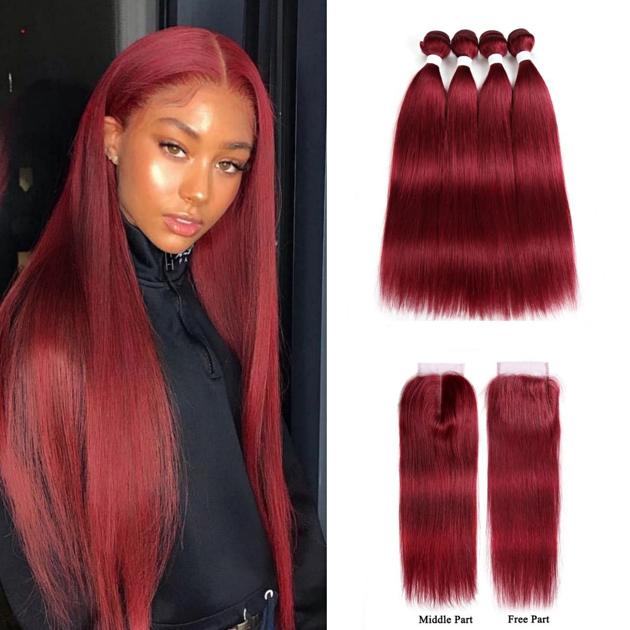 Burgundy 10A Grade 3/4 Straight #1B/Burgundy BUNDLES with CLOSURES & F - GlamAura