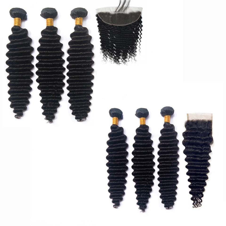 10A Grade 3/4 Loose Deep Wave bundles with 4x4 Closures & 13x4 Frontal - GlamAura