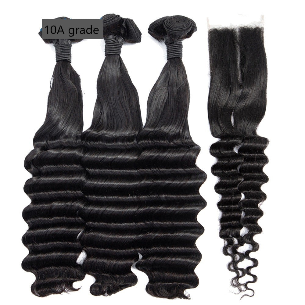 Brazilian 3/4 Fancy Deep Wavy Fumi Human Hair bundles with 4x4 Closure - GlamAura
