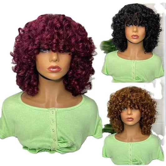 180% Density Rose Curly Short Bob Wig with Bangs Human Hair Brazilian - GlamAura