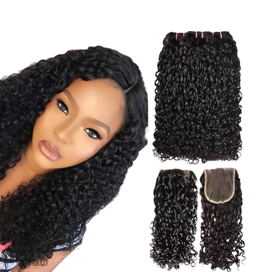 10A Grade Brazilian Pissy Curly Fumi Human Hair 3/4  Bundles With 4x4 - GlamAura