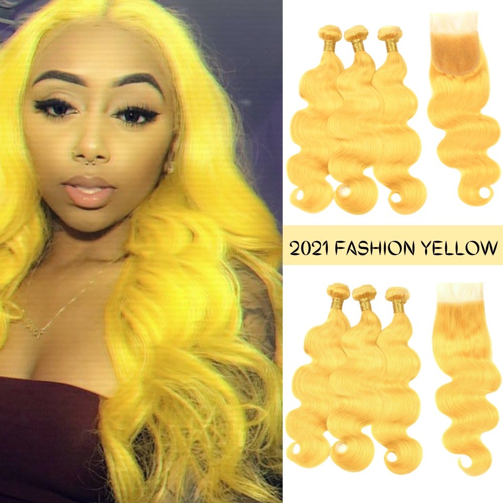 #Yellow 10A Grade #1B/Yellow Body Wave 3/4 BUNDLES with CLOSURES & FRO - GlamAura