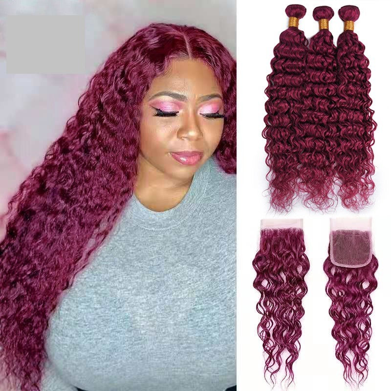 Burg 10A Grade Water Wave #1B/Burgundy BUNDLES with CLOSURES & FRONTAL - GlamAura