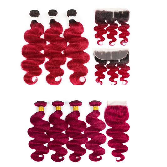 Burgundy 10A Grade Body Wave #1B/Burgundy BUNDLES with CLOSURES & FRON - GlamAura