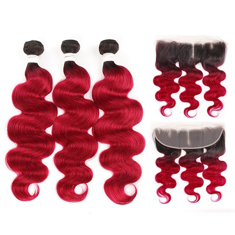 Burgundy 10A Grade Body Wave #1B/Burgundy BUNDLES with CLOSURES & FRON - GlamAura