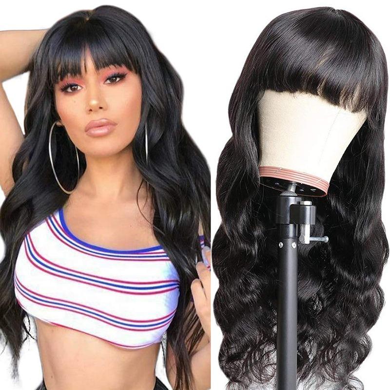 Body Wave Human Hair Wigs With Bangs Full Machine Made Brazilian Human - GlamAura