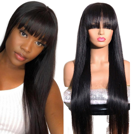 Straight Human Hair Wigs With Bangs Full Machine Made Brazilian Human - GlamAura