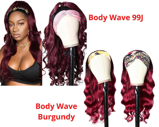 Burgundy Headband Body Wave Human Hair Wig #99J  Scarf Wig No GLUE Eas - GlamAura