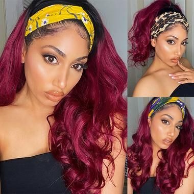 Burgundy Headband Body Wave Human Hair Wig #99J  Scarf Wig No GLUE Eas - GlamAura