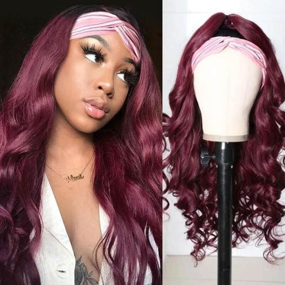 Burgundy Headband Body Wave Human Hair Wig #99J  Scarf Wig No GLUE Eas - GlamAura