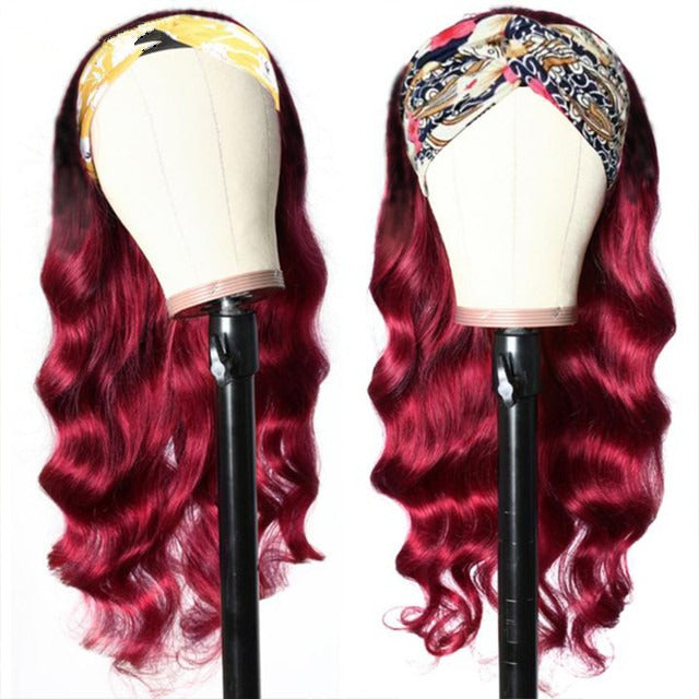 Burgundy Headband Body Wave Human Hair Wig #99J  Scarf Wig No GLUE Eas - GlamAura
