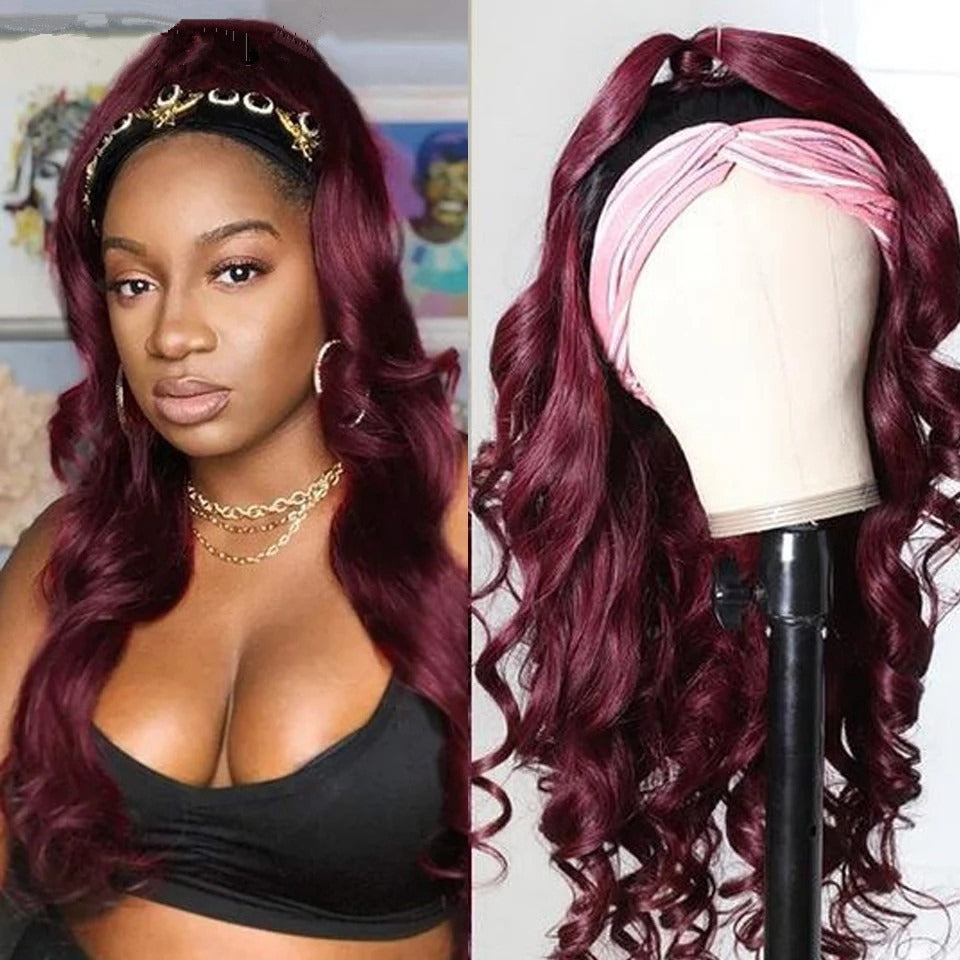 Burgundy Headband Body Wave Human Hair Wig #99J  Scarf Wig No GLUE Eas - GlamAura
