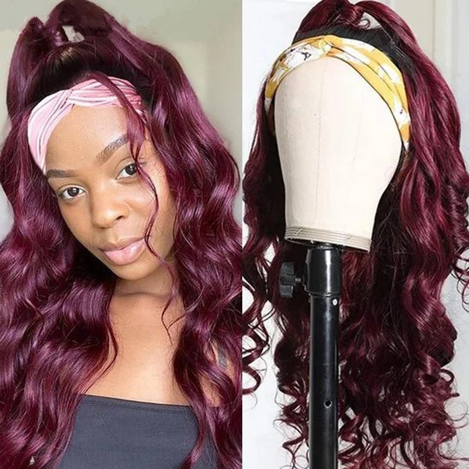 Burgundy Headband Body Wave Human Hair Wig #99J  Scarf Wig No GLUE Eas - GlamAura