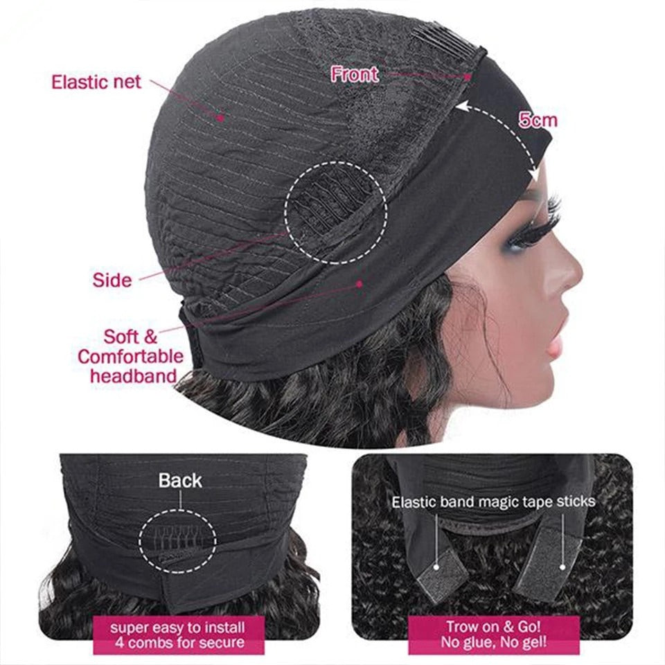 Burgundy Headband Body Wave Human Hair Wig #99J  Scarf Wig No GLUE Eas - GlamAura