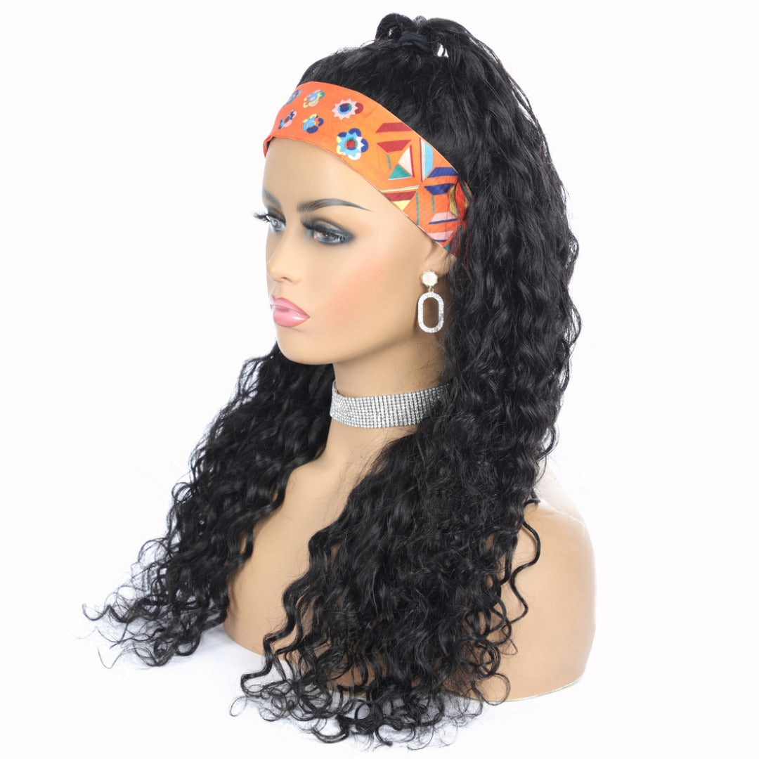 Headband Wig Water Wave Human Hair Scarf Wig No GLUE Easy Wear - GlamAura