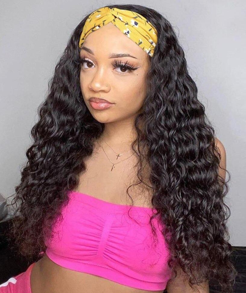 Headband Wig Water Wave Human Hair Scarf Wig No GLUE Easy Wear - GlamAura