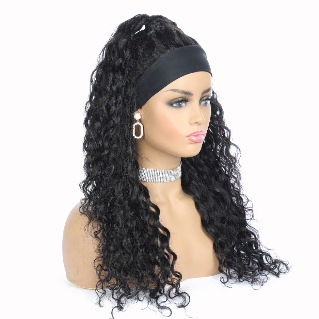 Headband Wig Water Wave Human Hair Scarf Wig No GLUE Easy Wear - GlamAura