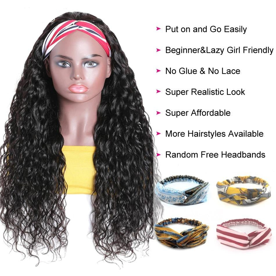 Headband Wig Water Wave Human Hair Scarf Wig No GLUE Easy Wear - GlamAura