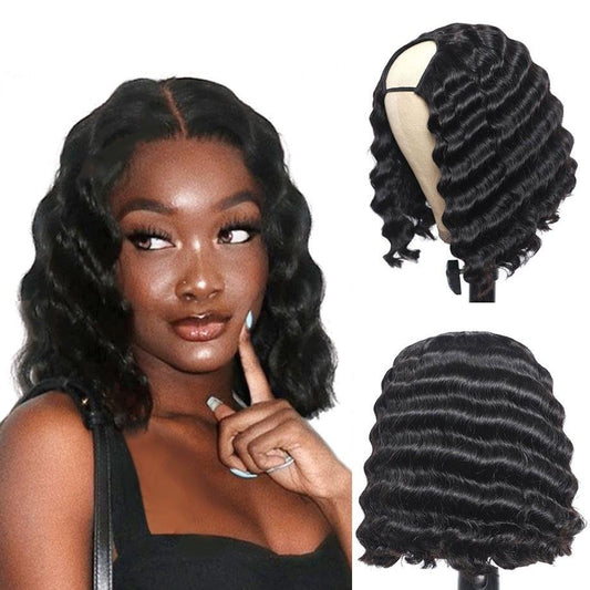Short Bob U Part Wig Human Hair Loose Deep Wave Brazilian Remy Glueles - GlamAura