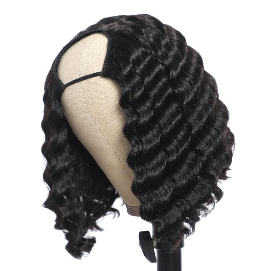 Short Bob U Part Wig Human Hair Loose Deep Wave Brazilian Remy Glueles - GlamAura