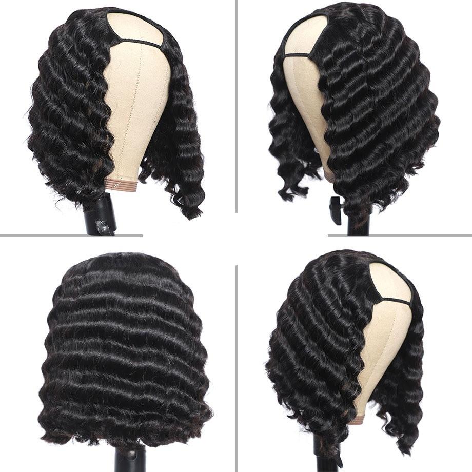 Short Bob U Part Wig Human Hair Loose Deep Wave Brazilian Remy Glueles - GlamAura