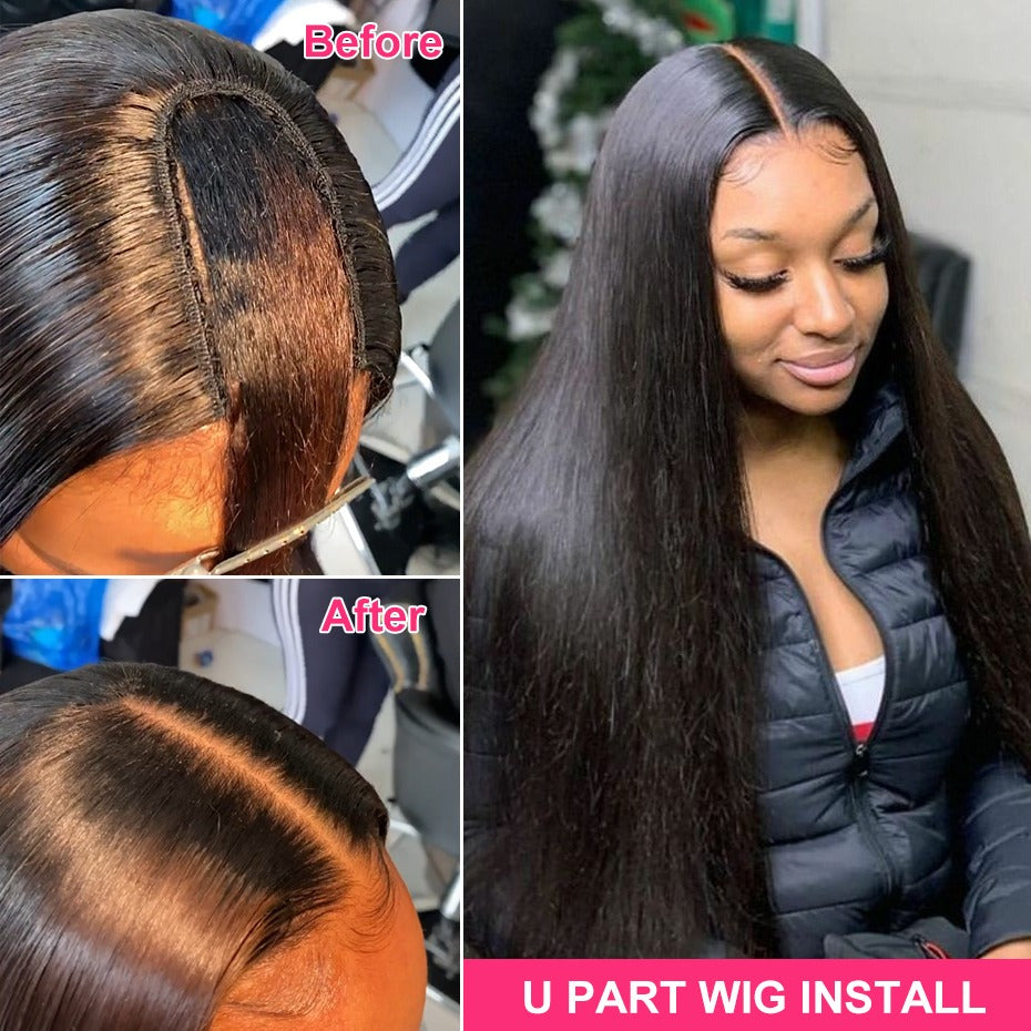U Part Wig Straight Hair Human Hair Wigs For Black Women Brazilian - GlamAura