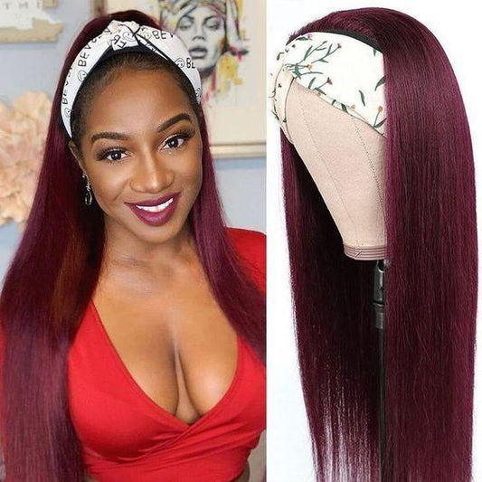 Burgundy Headband Straight Human Hair Wig #99J  Scarf Wig No GLUE Easy - GlamAura