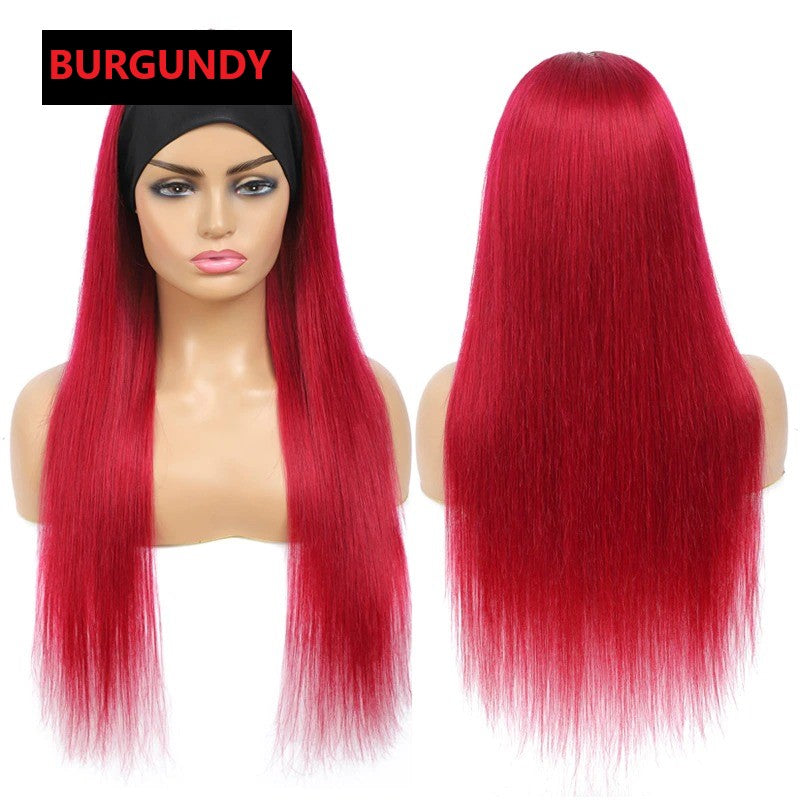 Burgundy Headband Straight Human Hair Wig #99J  Scarf Wig No GLUE Easy - GlamAura