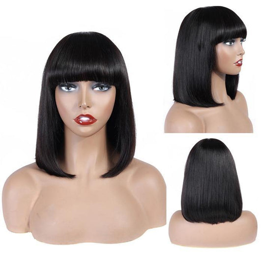 Straight Bob Human Hair Wigs with Bangs for Black Women Brazilian Full - GlamAura