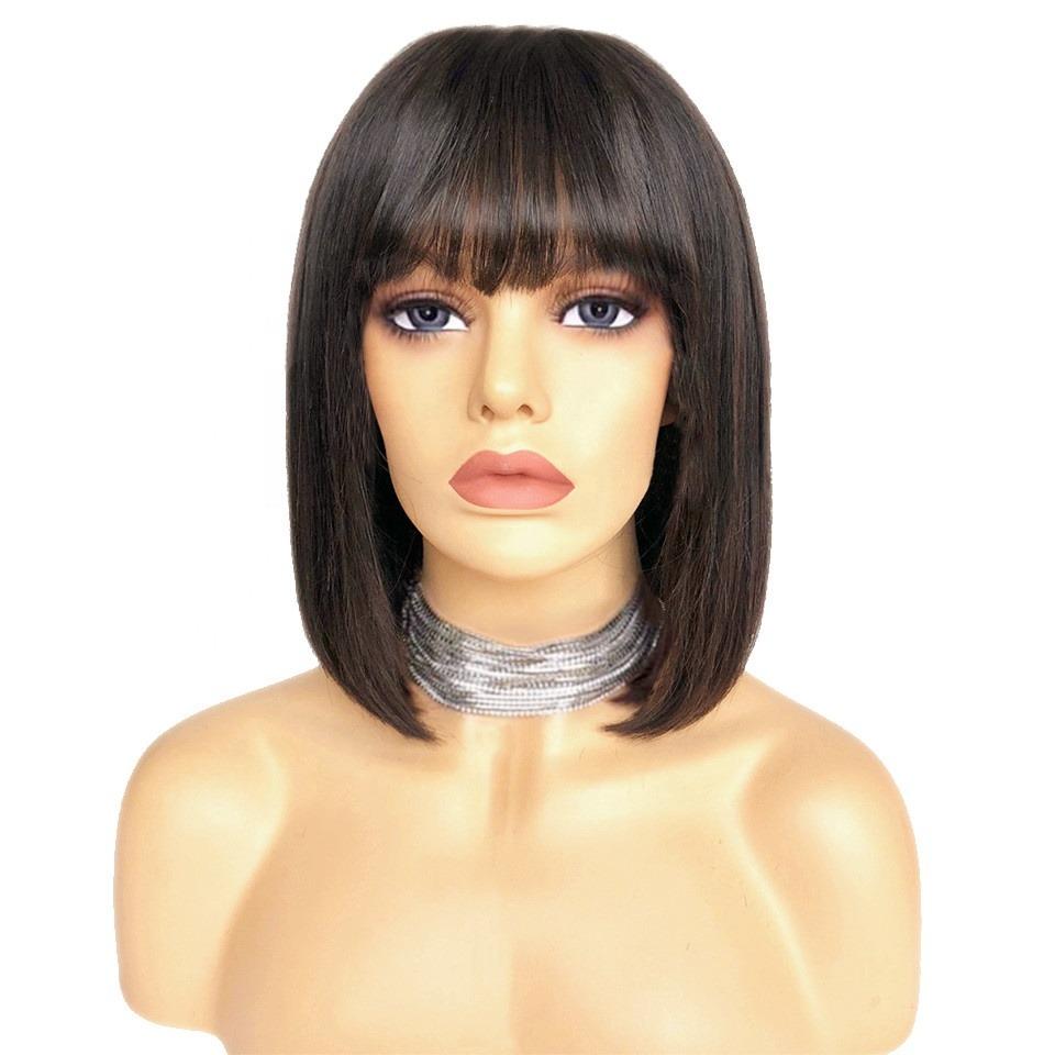 Straight Bob Human Hair Wigs with Bangs for Black Women Brazilian Full - GlamAura