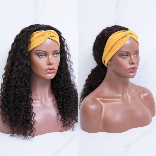 Headband Wig Deep Wave Human Hair Scarf Wig No GLUE Easy Wear - GlamAura